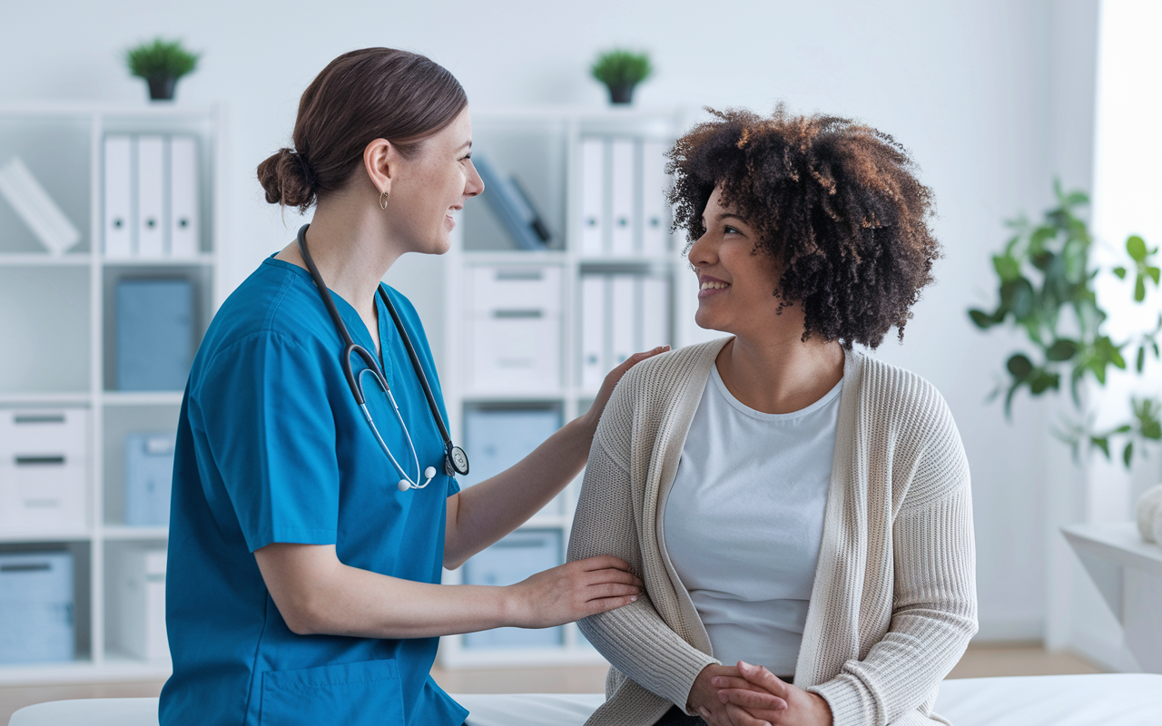 A healthcare professional in scrubs, caring for a patient in a bright, modern clinic. The clinician and patient share a friendly conversation, showcasing direct attention and compassion. In the background, a clutter-free environment highlighting minimal administrative distractions fosters the emphasis on patient interaction.