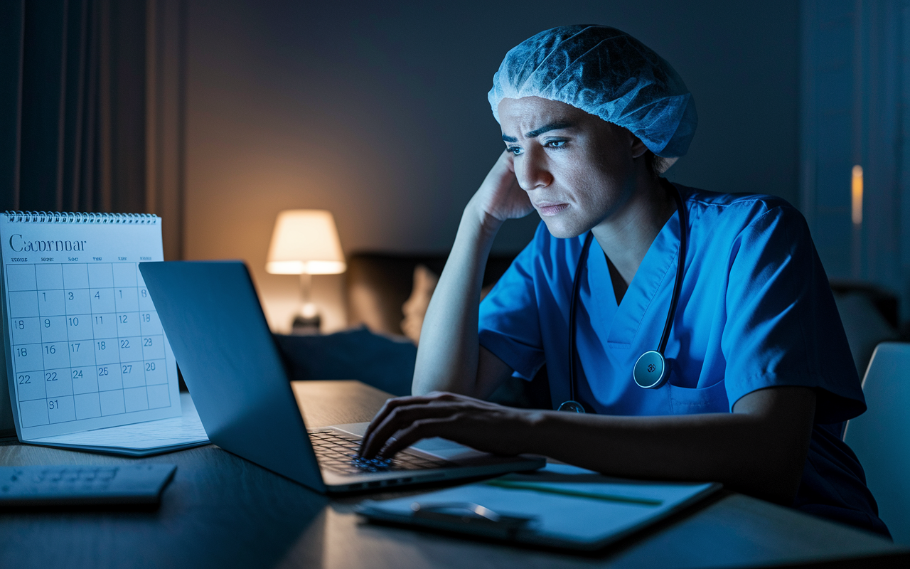 A healthcare worker looking concerned while reviewing job offers on a laptop in a dimly lit apartment. The image reflects frustration and uncertainty, as a calendar with scattered job listings in the background symbolizes a fluctuating income. The lighting is soft and moody, highlighting the emotional strain of inconsistency in locum tenens work.