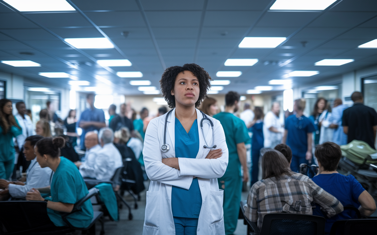 A physician standing in a busy hospital waiting room, observing the chaotic environment. They appear focused and slightly anxious as they adapt to the fast-paced atmosphere filled with diverse healthcare staff. Bright overhead lights enhance the urgency of the scene, capturing the fast adjustments locum tenens professionals must make.