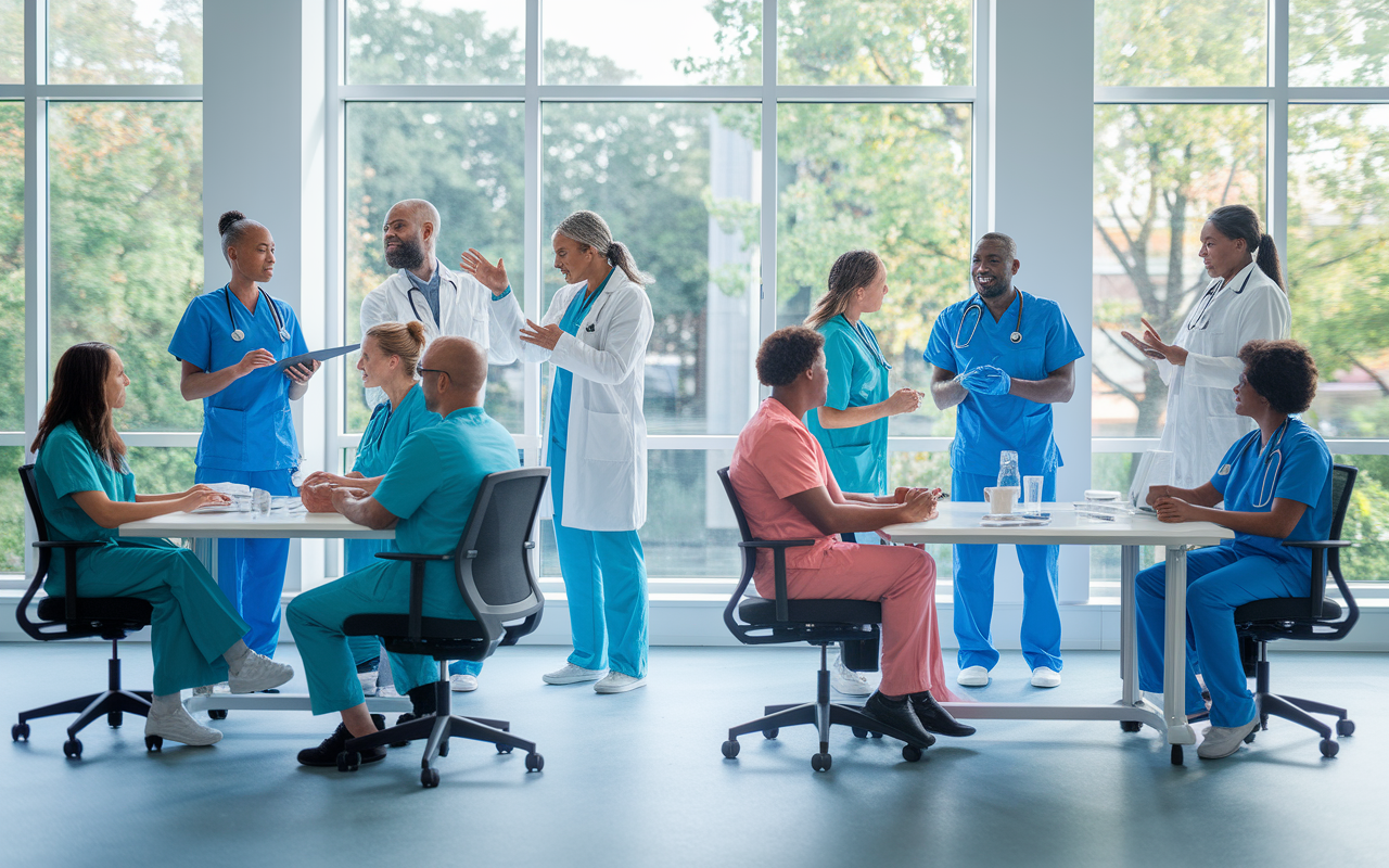 A vibrant healthcare scene depicting a mix of temporary and permanent healthcare professionals working together in a community clinic. The atmosphere is collaborative and dynamic, with diverse practitioners exchanging ideas over patient care. Natural light floods the room through large windows, symbolizing innovation and growth in the locum tenens framework.