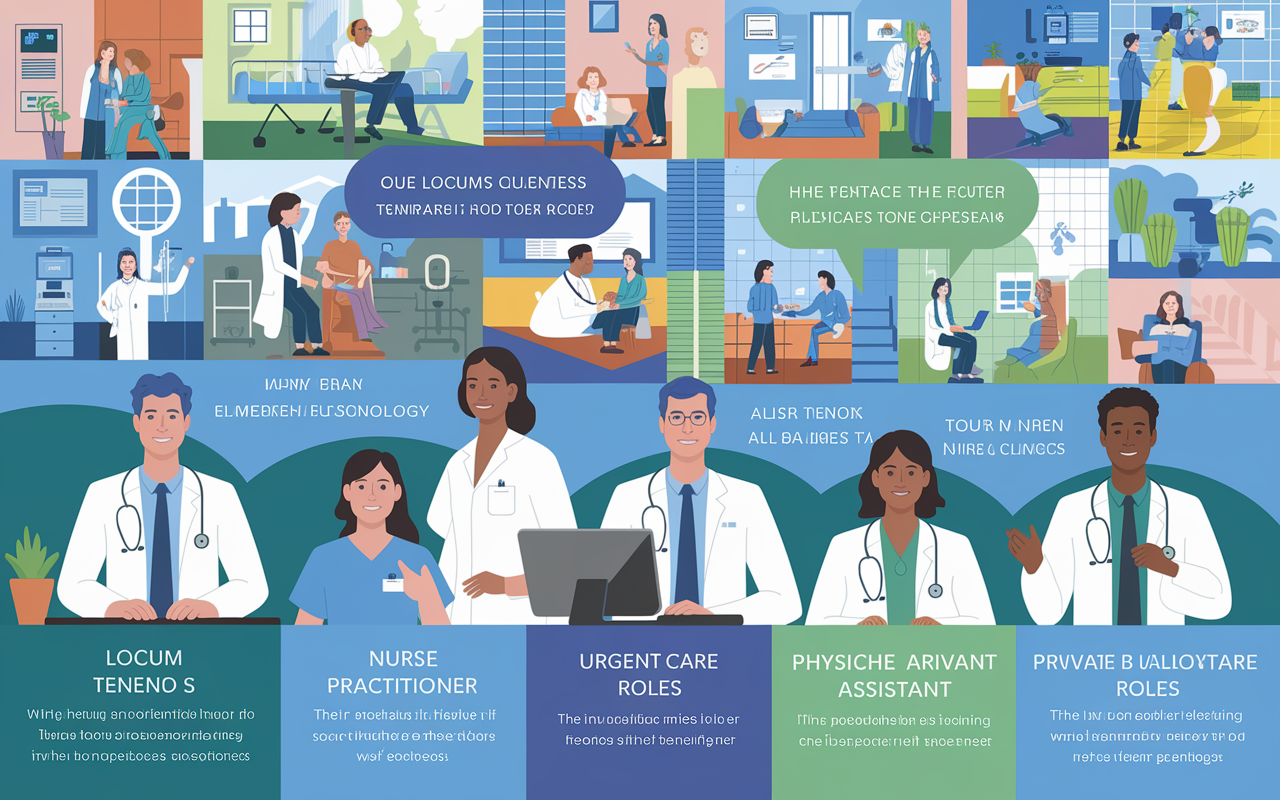 An illustrated explanation of locum tenens with elements of temporary healthcare roles, featuring various healthcare professionals like a physician, nurse practitioner, and physician assistant at their workplaces in hospitals, urgent care clinics, and private practices. The scene showcases them in action, engaged with patients and using technology, with labels identifying their roles. The background features a mosaic of healthcare settings - from urban hospitals to rural clinics, all connected visually to convey the concept of 'holding a place' in healthcare. A bright, informative, and professional art style.