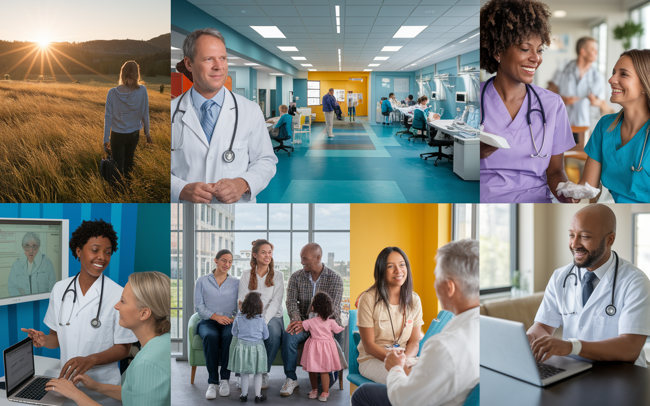 A collage of various clinical environments, featuring a physician in a rural clinic with a scenic backdrop, a bustling urban hospital with high-tech equipment, a community clinic filled with families, and an online telemedicine session happening on a laptop. The scene emphasizes diversity in the healthcare field with vibrant colors and a blend of different demographics of patients being attended to by healthcare professionals. A warm, inviting atmosphere that showcases the joy and challenges of healthcare in different settings.