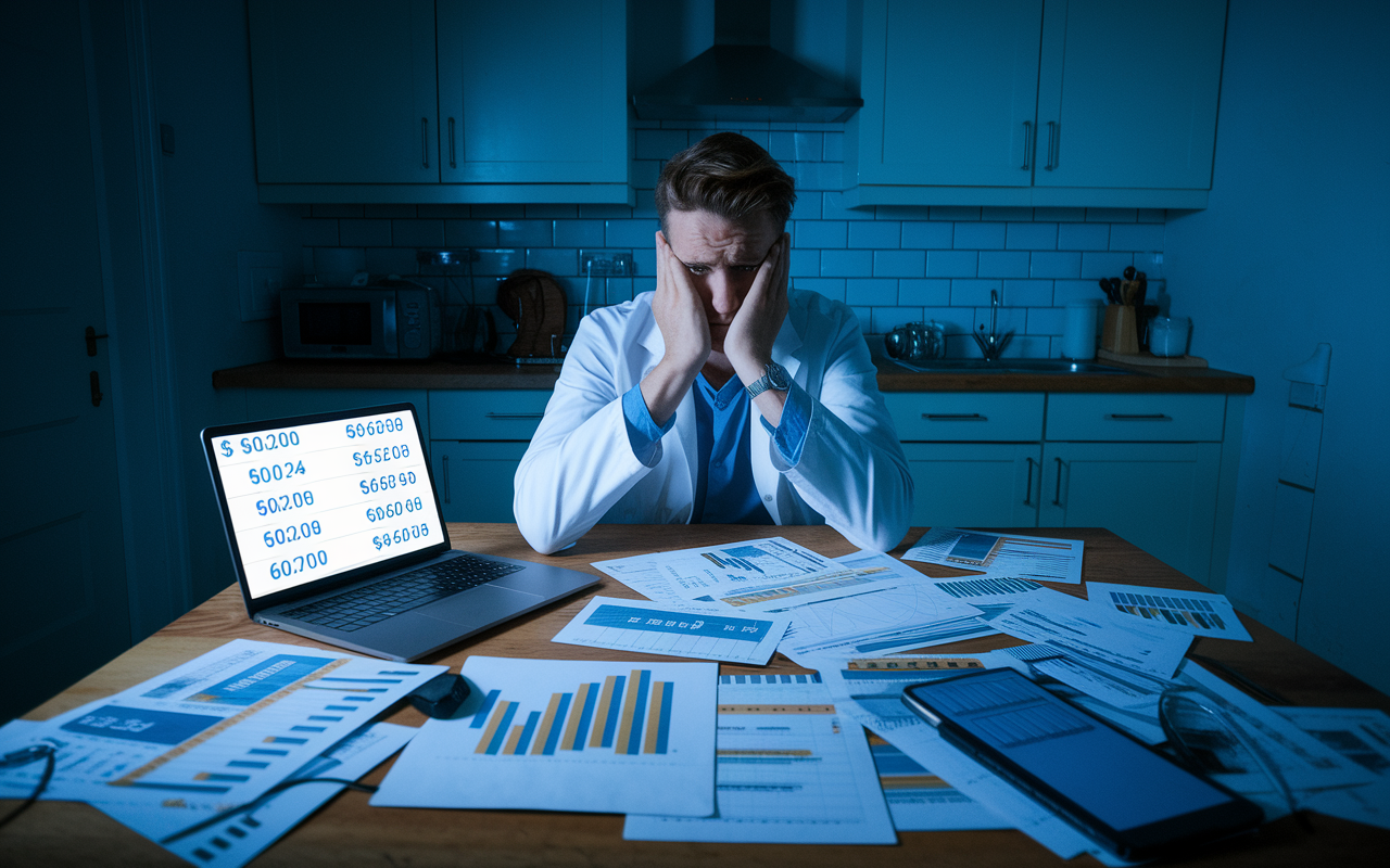 An anxious physician sitting at a kitchen table stacked with bills, a laptop open showing fluctuating pay rates for locum tenens roles. Various charts and notes about upcoming assignments are scattered, indicating uncertainty about future work. The lighting is dim, creating a contrast between the warmth of the home and the stress of financial concerns. The scene conveys tension and the challenge of maintaining stability in a variable career.