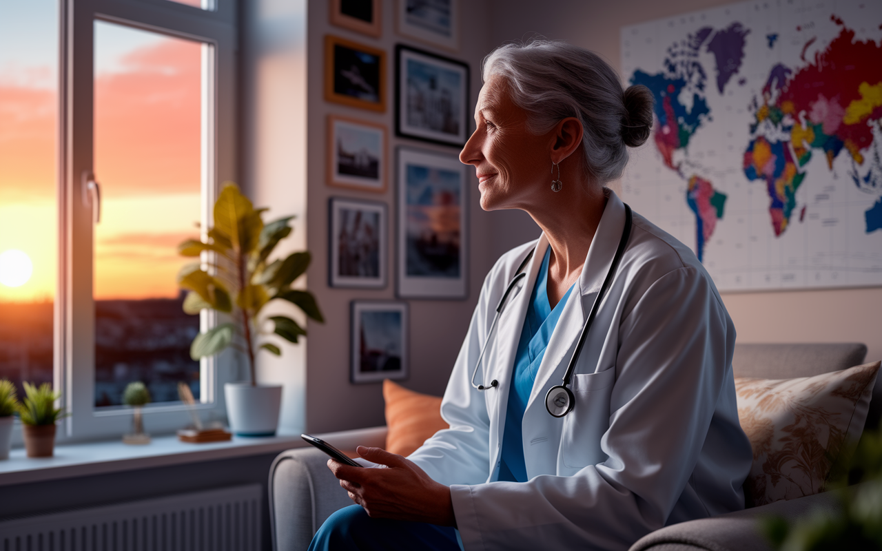 A thoughtful physician gazing out a window at a sunset after a rewarding day at work, reflecting on their locum tenens career. The room is warm and inviting, adorned with personal artifacts from different assignments, and a map with pins marking locations worked in the background. This serene portrait speaks to the journey of growth, challenges, and fulfillment in the locum tenens lifestyle, embodying a sense of hope and purpose. Soft, warm lighting enhances the contemplative atmosphere.