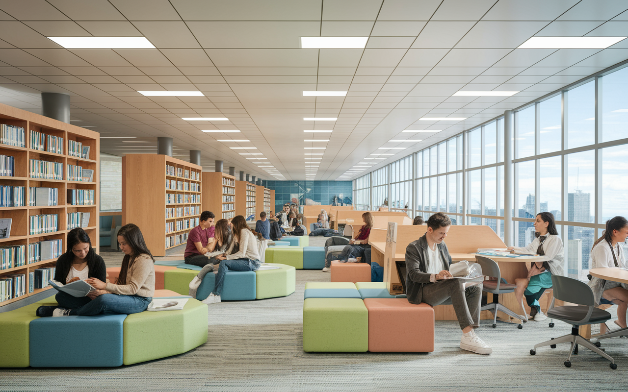 An expansive digital library showcasing various educational materials for medical students, such as textbooks, journals, and interactive online resources. The scene is bright and inviting, with students of different backgrounds engaging with the materials, illustrating the diversity and accessibility of the resources provided by AAMC. Cozy study spaces and modern technology create a warm learning atmosphere.