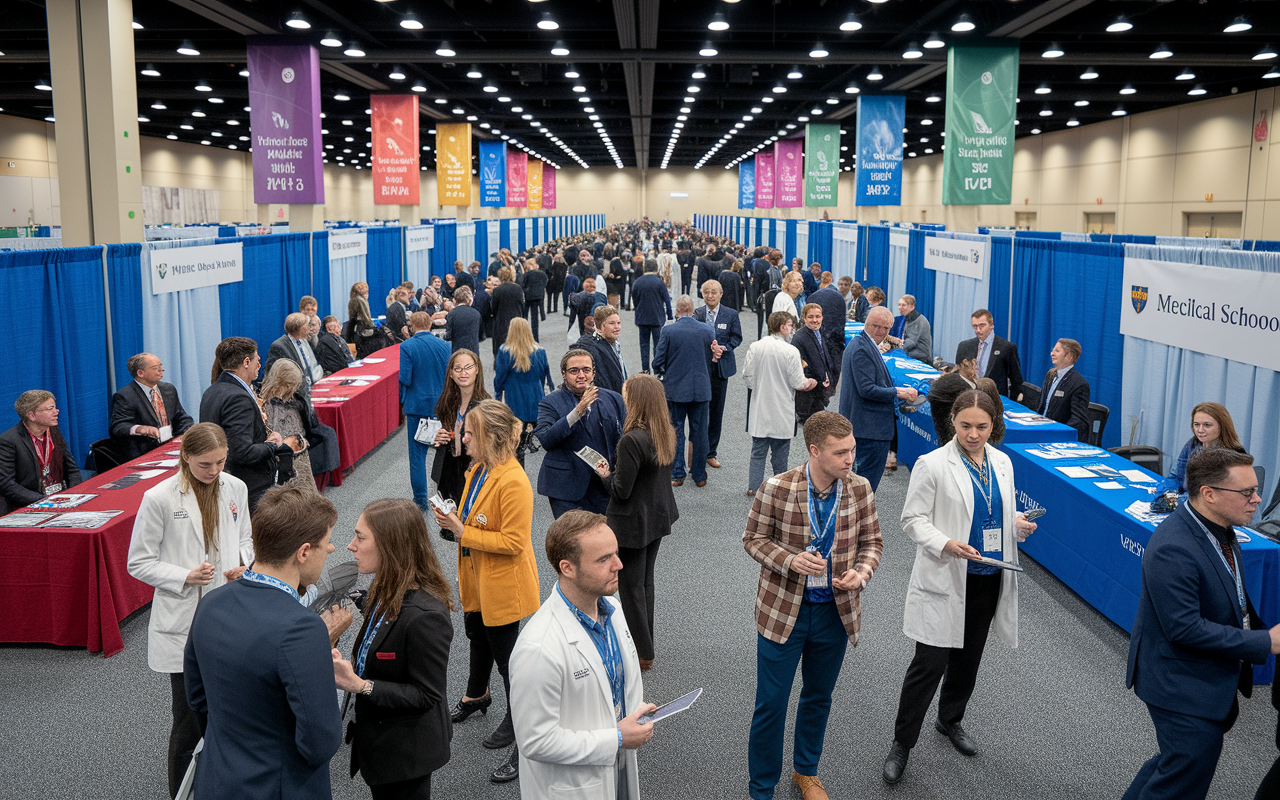 A vibrant conference scene featuring medical students and professionals engaged in dynamic discussions and networking at a busy exhibition hall. Colorful banners, booths representing various medical schools, and lively interactions highlight the collaborative spirit. The atmosphere is electric, conveying a sense of opportunity and community among future healthcare leaders.