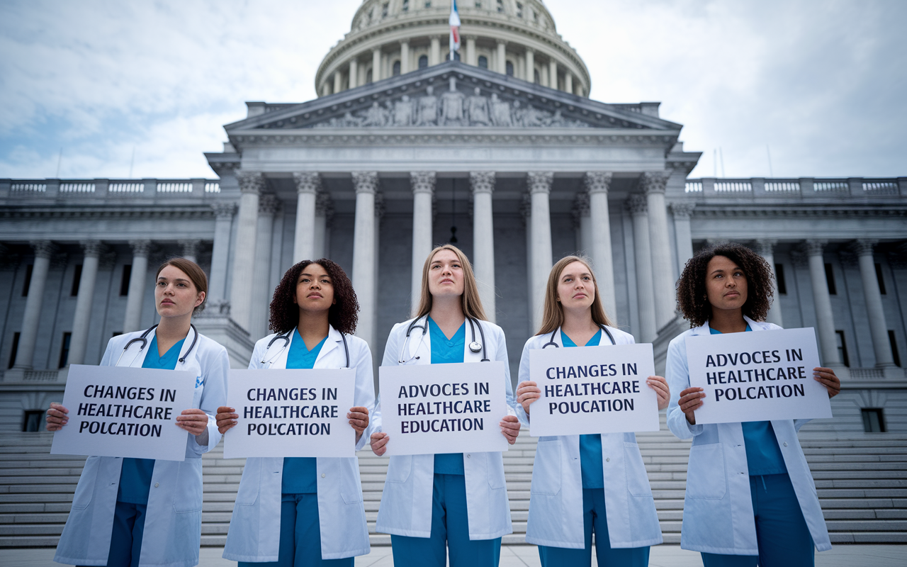 A group of medical students stands in front of a government building holding signs advocating for changes in healthcare policy. They appear passionate and determined, showcasing unity and a strong commitment to improving medical education. The backdrop of the impressive architecture signifies the importance of their advocacy efforts in shaping the future of healthcare.