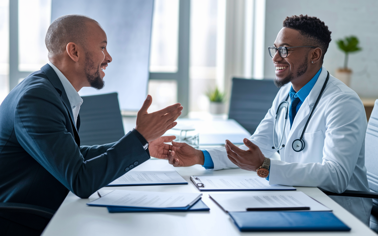 A dynamic scene of a physician and a potential employer engaging in a relaxed, friendly conversation across a conference table with a contract and documents spread out before them. The office is modern and well-lit with a welcoming vibe, showcasing a shared interest in creating a mutually beneficial contract. The expressions of both parties convey openness and collaboration.