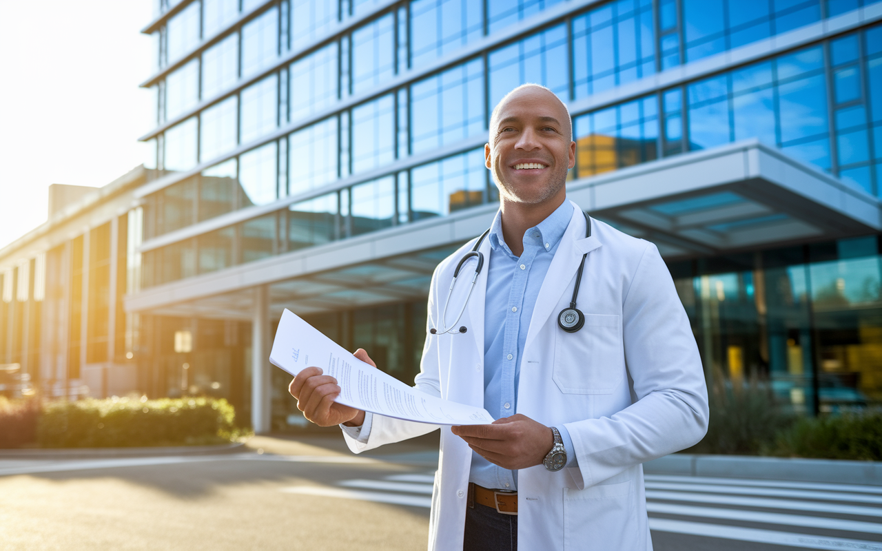 A confident physician standing outside a hospital with a satisfied smile, holding a signed contract in hand, symbolizing success in negotiation. The scene is bright with golden hour lighting, portraying warmth and optimism. The background features modern healthcare facilities, reflecting a thriving career and bright future ahead.