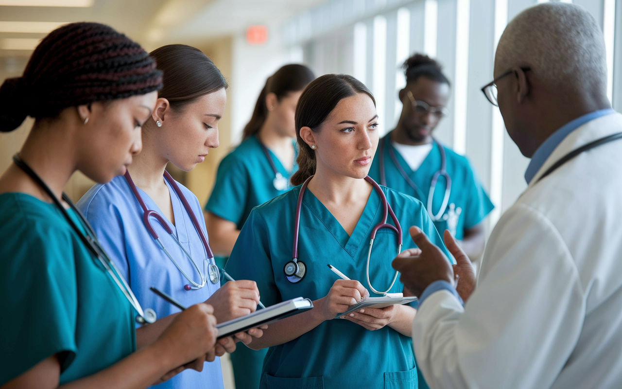 A dynamic hospital scene where medical students engage in clinical rotations, observing patient interactions under the guidance of a seasoned physician. The medical students, diverse in gender and ethnicity, wear scrubs and are attentively taking notes, while the physician explains a procedure to them. Soft natural light filters through the hospital windows, creating a warm and educational atmosphere, portraying active learning and collaboration in a real-world clinical setting.