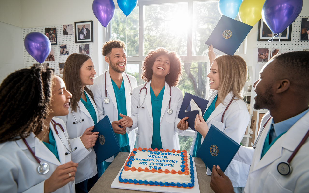 A joyful medical student surrounded by friends, celebrating their successful match into a residency program, with diploma frames, textbooks, and a celebratory cake. The room is adorned with medical paraphernalia, balloons, and photos from their medical journey. Bright sunlight comes through the window, illuminating the happiness and excitement on their faces as they reflect on their dedication and hard work.