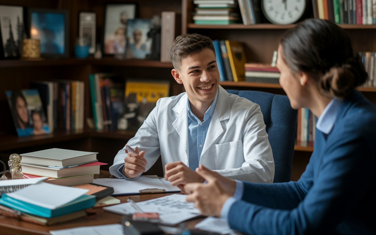 A young medical student sitting in a cozy study room, practicing for residency interviews with a mentor. The room is warmly lit with a desk cluttered with medical textbooks, notes, and mock interview questions. The student appears engaged, demonstrating enthusiasm, while the mentor offers supportive feedback. Family photos and a clock are visible in the background, contributing to an atmosphere of hard work and dedication.