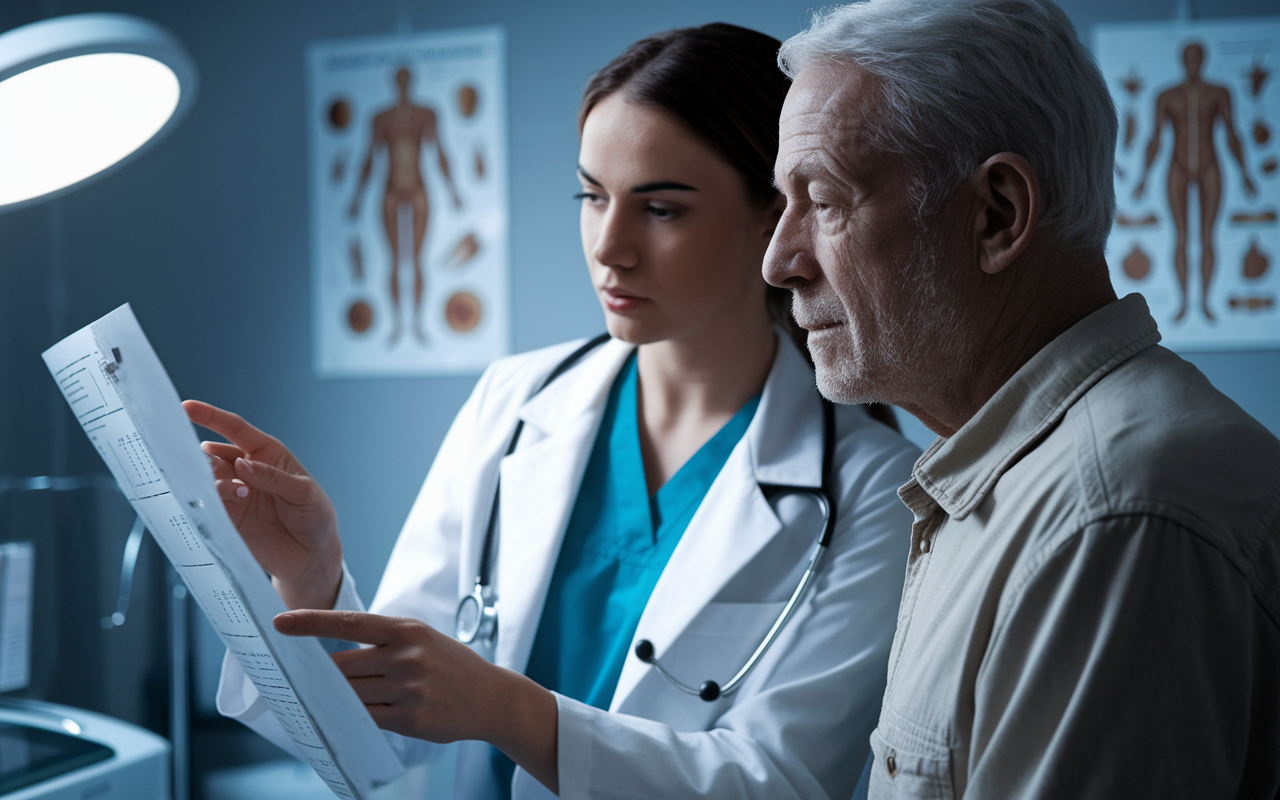 A close-up of a medical examination room, featuring a doctor and a patient engaged in a clinical discussion. The doctor, a young woman in a white coat, points at a chart with clinical data, while the patient, an older man, looks thoughtfully at the information. Medical equipment and anatomical posters fill the room, giving a sense of realism and immersion in a medical environment. Soft, diffused lighting creates a calm atmosphere, representing the practical application of clinical knowledge.