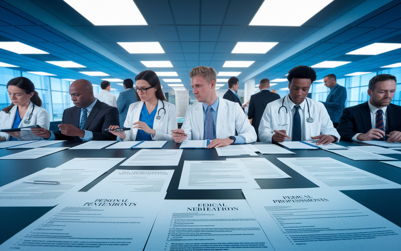 A dramatic portrayal of a bright, open office space filled with medical professionals reviewing residency applications. A large table is covered with resumes, personal statements, and evaluation forms. In the background, a group of diverse program directors is engaged in deep discussion, analyzing the candidates. The scene is illuminated by overhead lights, with a sense of urgency and importance, symbolizing the competitive nature of residency placements.