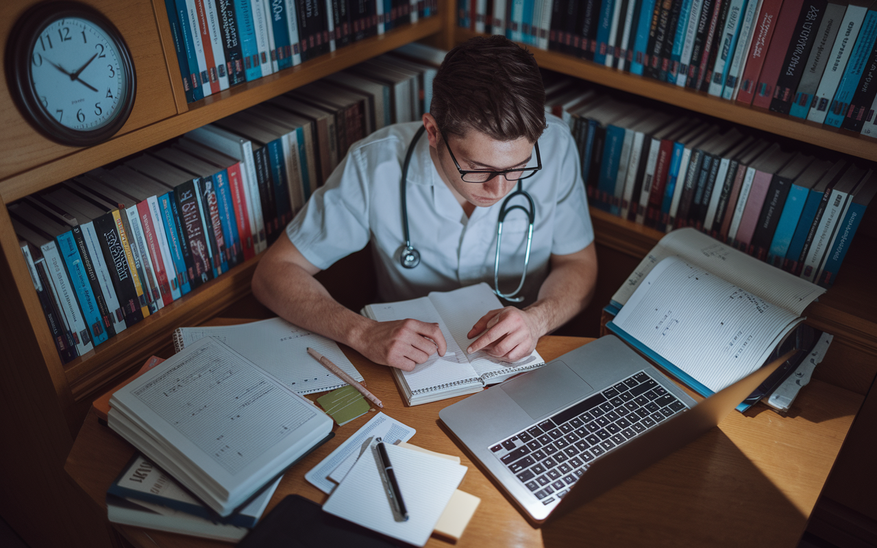 An intense study scene in a cozy library corner, where a medical student is surrounded by an array of medical reference books, flashcards, and a laptop. The student, a young man with glasses, is deeply focused on a practice question on the screen, with notes scattered around. Soft, ambient lighting enhances the studious atmosphere, while clock details indicate late-night hours, emphasizing the hard work put into Step 2 CK preparation.