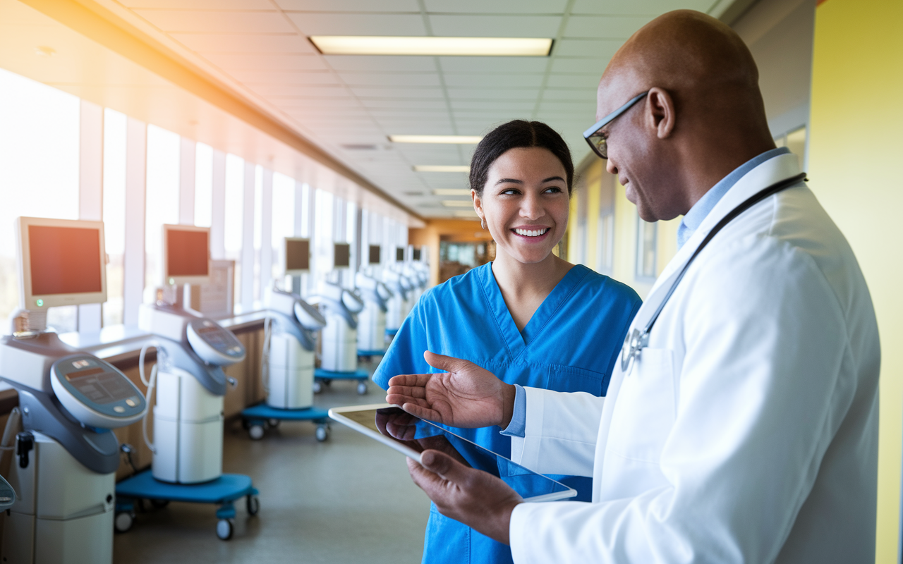 A bright and optimistic image of a young woman in scrubs smiling while discussing with an attending physician in a hospital hallway filled with patient care equipment. The physician is gesturing toward a treatment plan on a digital tablet, demonstrating a supportive mentor-mentee relationship. Sunshine pours through the windows, symbolizing hope and accomplishment after Jennifer's hard work leading up to an impressive Step 2 CK score.