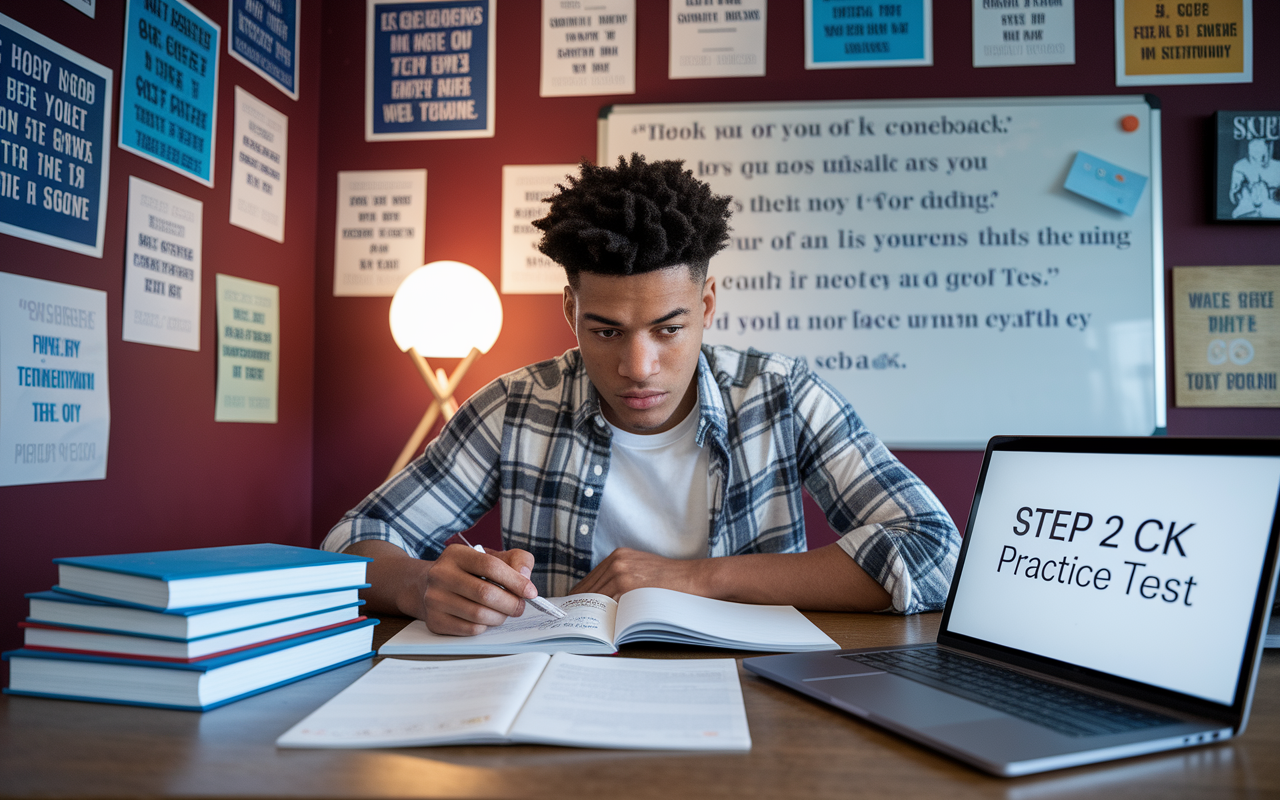 An inspirational scene of a young man studying at a desk, with walls covered in motivational posters and a whiteboard filled with study notes. He has an intense expression, surrounded by textbooks and a laptop displaying a Step 2 CK practice test. A motivational quote is visible, illustrating his comeback journey after a setback. The room is warmly lit, reflecting a safe space for determination and growth.