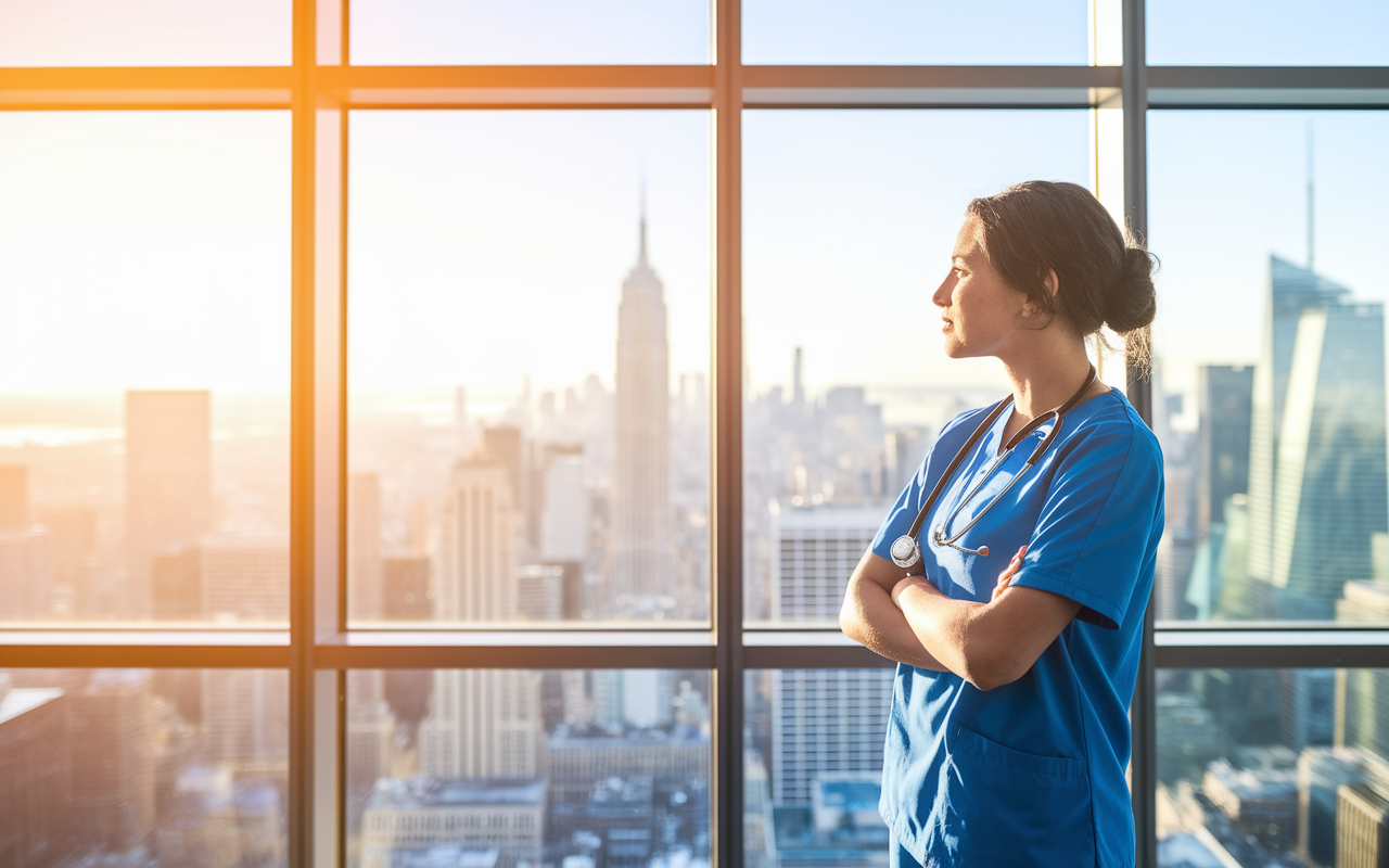 A wide shot of a passionate medical student standing in front of a large window, looking out at a bright city skyline with a contemplative expression, embodying hope and determination for the future. The scene captures the essence of aspiring residency candidates, emphasizing perseverance and commitment to a rewarding medical career. The warm sunlight filtering through the window symbolizes optimism and new beginnings.