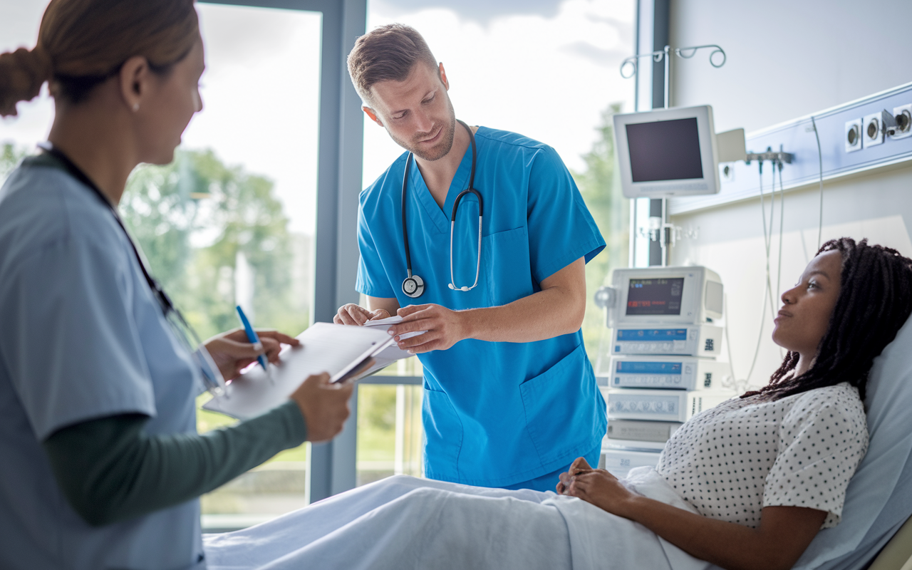 A medical student in scrubs actively participating in a clinical rotation, examining a patient in a bright hospital room. The student is attentively listening to a mentor explaining a diagnosis while taking notes. The patient looks comfortable, and medical equipment is neatly arranged around the room. Natural light filters through large windows, giving the scene a vibrant and hopeful atmosphere, emphasizing hands-on learning and clinical practice.