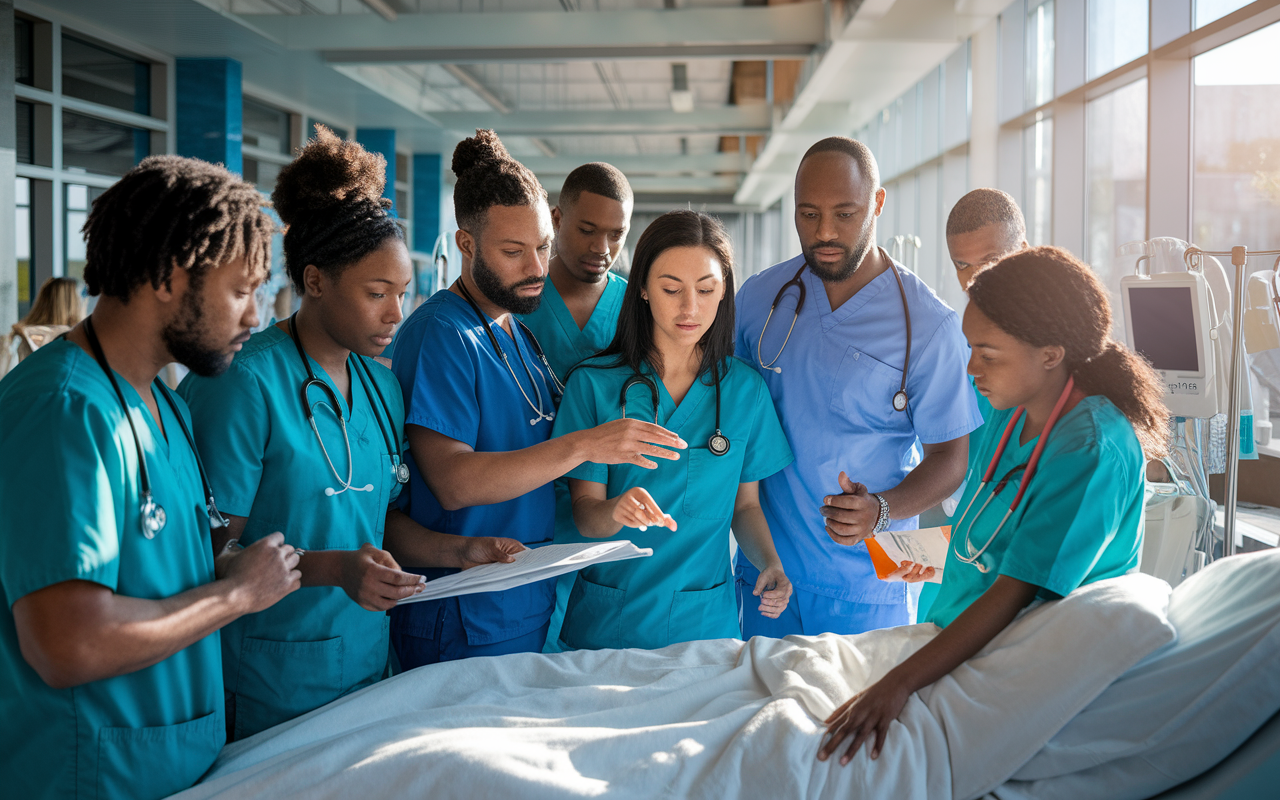 A diverse group of medical residents in scrubs actively discussing a complex case in a bustling hospital ward. They are gathered around a patient's bedside, examining charts and discussing treatment options with intensity and focus. The atmosphere is filled with urgency as medical equipment beeps nearby, and natural sunlight streams in through large windows, illuminating their earnest expressions. This scene captures the collaborative energy of residency, emphasizing teamwork and learning in a clinical setting.