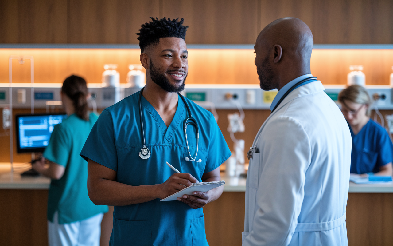 A confident medical resident interacting with an attending physician in a hospital setting, discussing patient care options. The resident, standing tall with a notepad in hand, exudes self-assurance as the attending listens with interest. The backdrop features hospital equipment and a busy nursing station, symbolizing the high-pressure environment. Warm overhead lights create an atmosphere of mentorship and learning, highlighting the importance of effective communication in clinical practice.