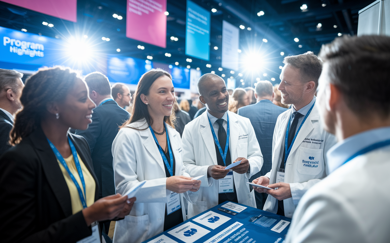 A dynamic scene at a medical conference, featuring a group of medical students and residency program directors engaging in animated conversation around a booth displaying program highlights. The atmosphere is vibrant with banners in the background, and attendees dressed in professional attire are exchanging business cards. Bright lights highlight the excitement of networking, showcasing the importance of connections in securing competitive residency positions.