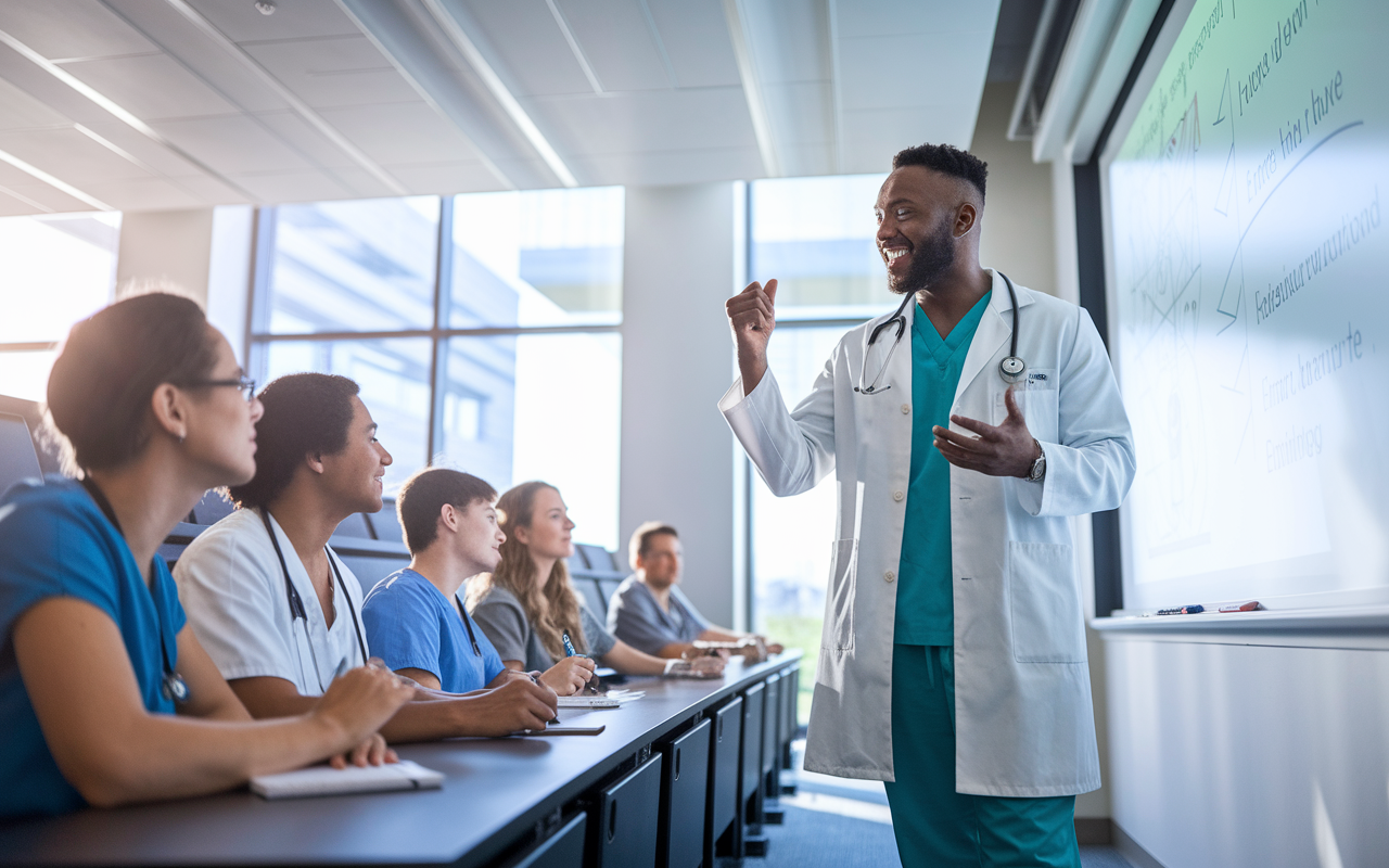 A charismatic medical resident enthusiastically teaching a small group of medical students in a lecture hall setting. The resident is using a whiteboard filled with clinical diagrams and key concepts, while students engage with questions and notes. The environment is bright and interactive, with natural light filtering through large windows, emphasizing the importance of mentorship and education in medical training.