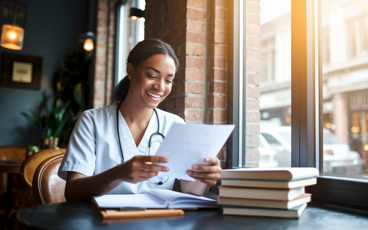 A joyful medical student sitting in a cozy cafe, looking at their USMLE Step 2 CK score report with a satisfied smile. Soft, natural light filters through the window, casting a warm glow on the table filled with books and study materials. This scene encapsulates the sense of accomplishment and motivation as the student reflects on their hard work and dedication to their medical education, surrounded by a comforting atmosphere.