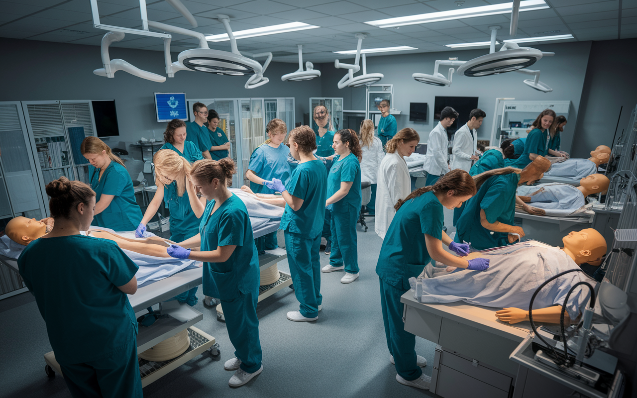 A dramatic visual of a medical simulation lab with students engaging in hands-on practice. A diverse group of medical students, wearing scrubs and engaged in various tasks like taking patient histories or performing procedures on mannequins. The room is well-lit with high-tech medical equipment in the background, showcasing a realistic and bustling clinical environment that emphasizes the preparation necessary for residency.