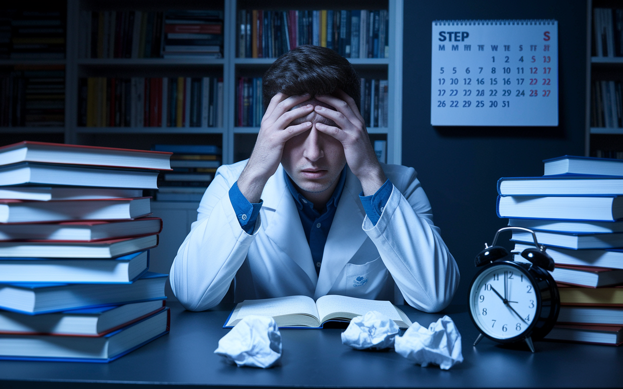 An emotional scene depicting a medical student in a study room filled with textbooks, looking overwhelmed. The student, a young man in a white coat, has a furrowed brow and surrounding him are crumpled notes and an alarm clock showing late hours. The lighting is dim, reflecting his stress and pressure, while a calendar on the wall counts down to the exam date, symbolizing the looming challenge of the Step 2 CK test.