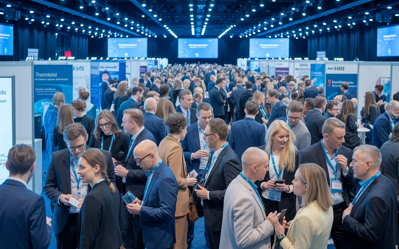 A vibrant conference scene filled with medical professionals networking and exchanging ideas. Attendees, both men and women in formal attire, are animatedly discussing at various booths adorned with medical banners. The atmosphere is lively and collaborative, with bright lighting and engaging presentations in the background, highlighting the importance of networking in advancing a medical career.