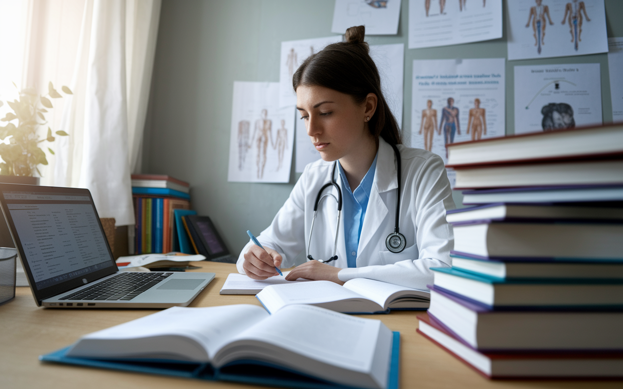 A focused scene of a medical student in their room, intensely studying for the Step 2 CK retake. The student, a young woman, is surrounded by an array of textbooks, a laptop displaying study material, and a wall covered with study notes and diagrams. Natural light pours in through a window, illuminating her determined expression as she reviews key concepts, highlighting her commitment to improvement.