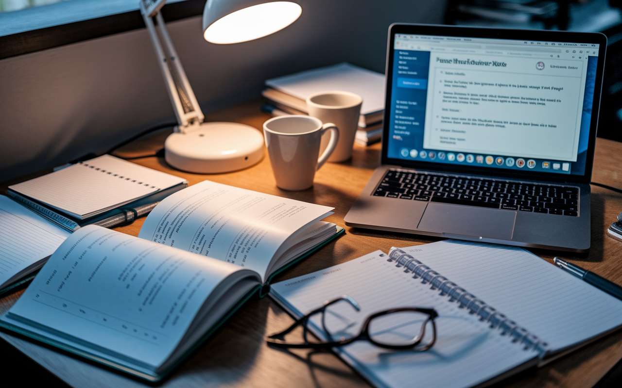 A close-up view of a medical student's workspace, featuring open medical textbooks, notes, and a laptop displaying a practice question from UWorld. A desk lamp casts warm light over the materials, creating a cozy, focused ambiance. Empty coffee mugs and a planner indicate long hours of dedicated study. The scene conveys a sense of determination and academic rigor.