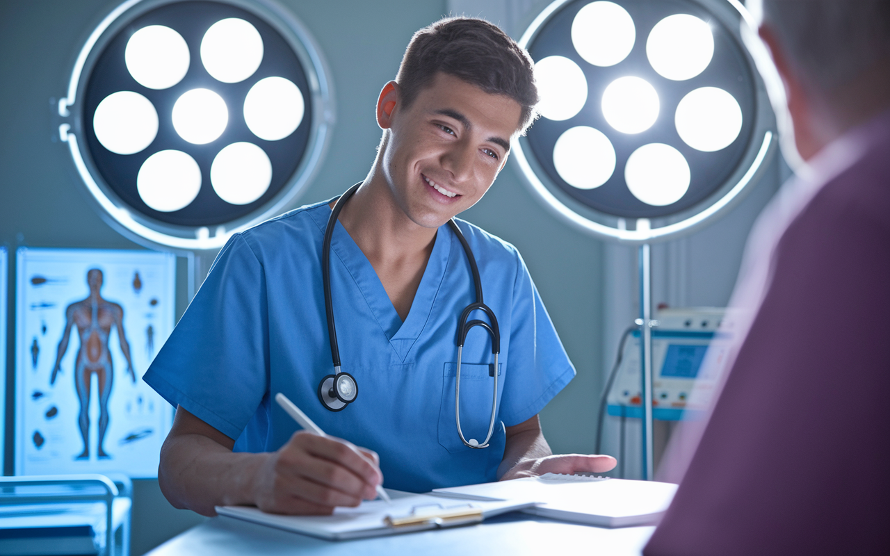 A young medical student in scrubs, interacting with a patient in a hospital room. The student is attentively listening and taking notes, with a medical chart on the side. Bright overhead lights illuminate the room, creating a warm and empathetic atmosphere. Medical equipment and anatomy charts are visible in the background, symbolizing the integration of clinical practice with theoretical learning.