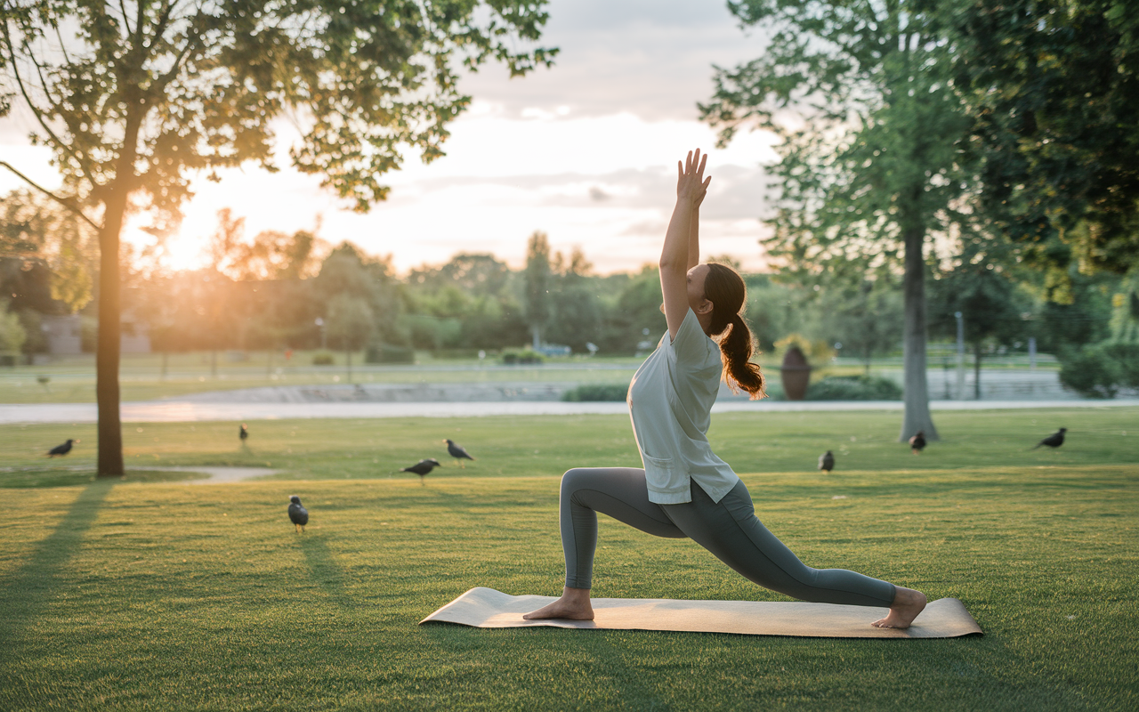 A medical student practicing yoga in a peaceful park setting during a study break. The sun is setting, casting a golden hue across the landscape. The student is dressed in comfortable clothing, with a yoga mat beneath them, surrounded by green trees and birds. The scene emits tranquility and balance, emphasizing the importance of mental well-being among rigorous studies.