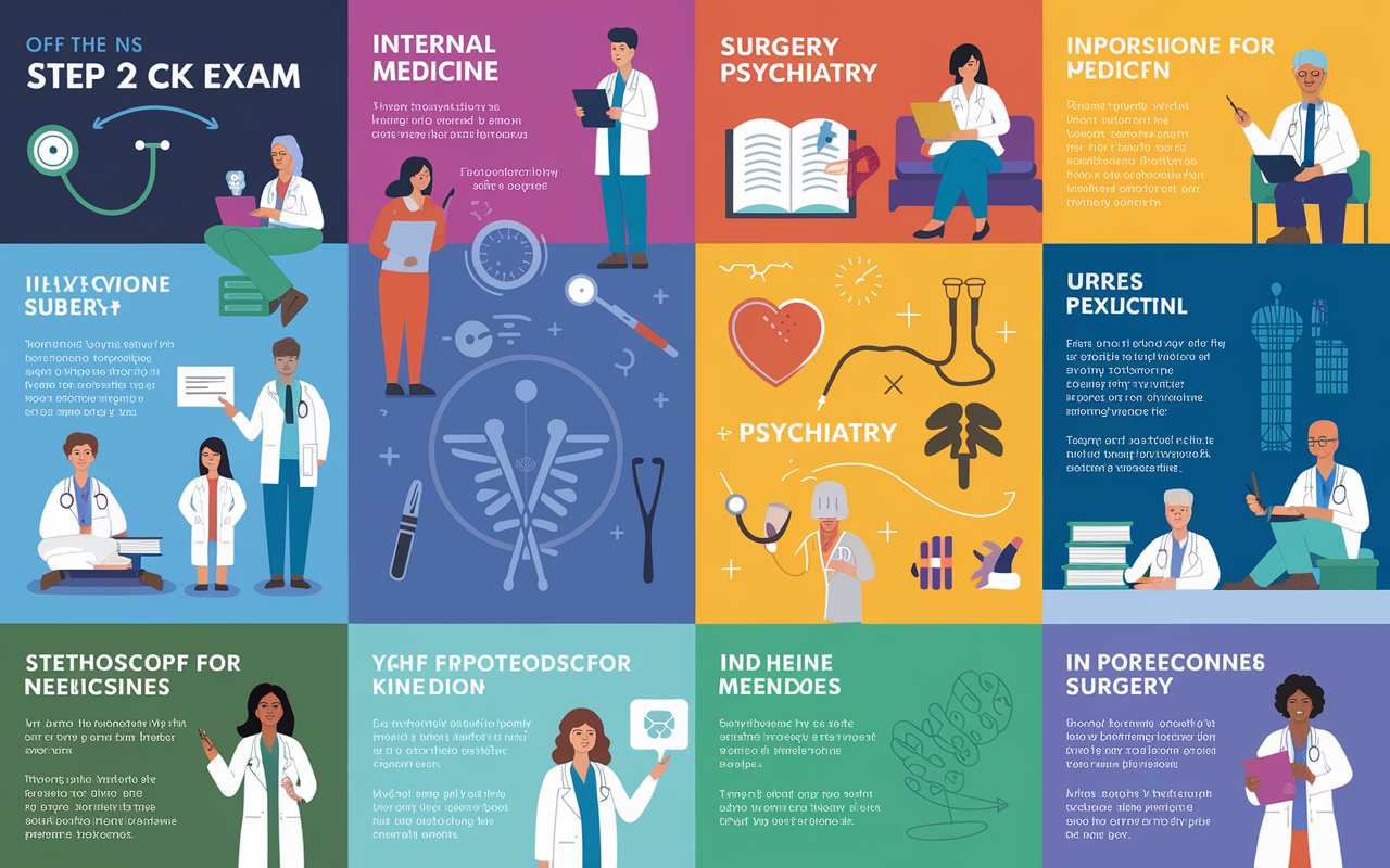 A vibrant, informative infographic depicting the components of the Step 2 CK exam. The illustration shows a diverse group of medical professionals studying various subjects such as Internal Medicine, Surgery, and Psychiatry. Each subject is represented with relevant icons (e.g., a stethoscope for Internal Medicine, a scalpel for Surgery) placed against a colorful backdrop, along with descriptions of the questions types and their importance in medical training. The infographic has a modern, educational design.