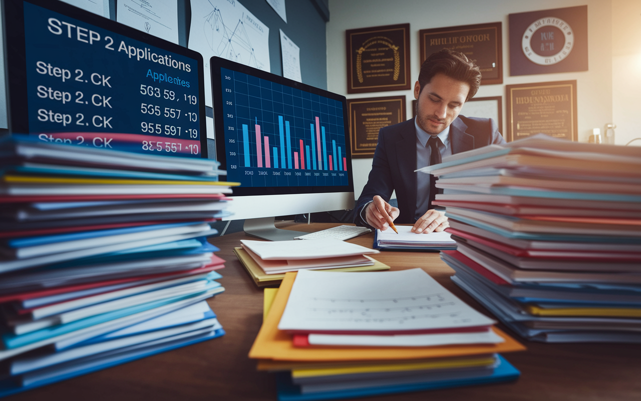 A busy residency program director's office with piles of applications on the desk. The scene includes a computer screen displaying the Step 2 CK scores of various candidates, with graphs illustrating applicant statistics in the background. The director is reviewing files, highlighting standout applications in a focused manner. The lighting is warm and inviting, emphasizing the weight of decision-making during the application season. The walls are adorned with awards and recognitions related to the residency program.