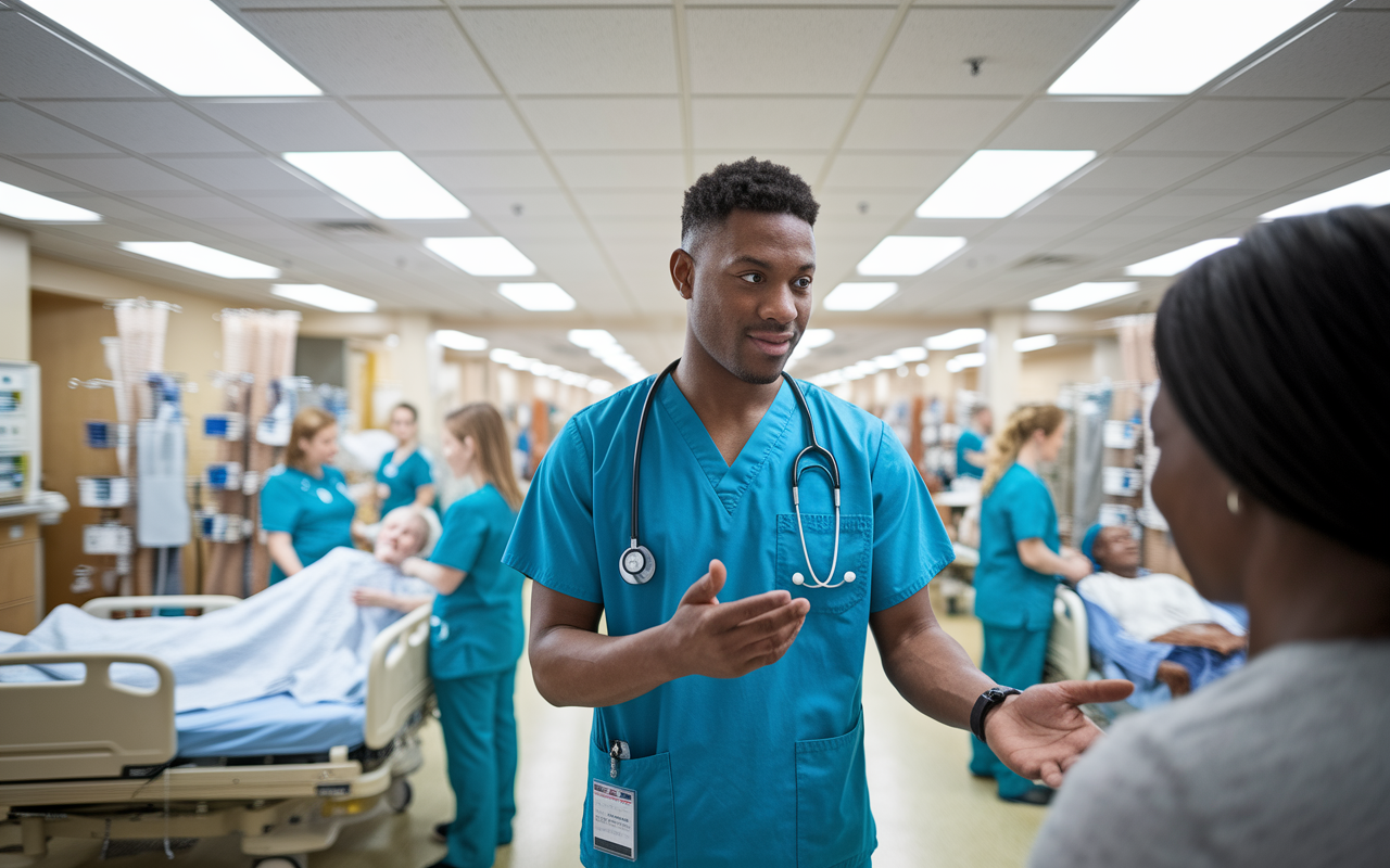 A confident medical resident in scrubs interacting with a patient in a bustling hospital ward. The resident is gently explaining a treatment plan, showcasing strong communication skills and empathy. In the background, nurses attend to other patients while medical charts and equipment surround them, creating a realistic hospital environment. Bright overhead lights illuminate the scene, fostering an atmosphere of care and professionalism.