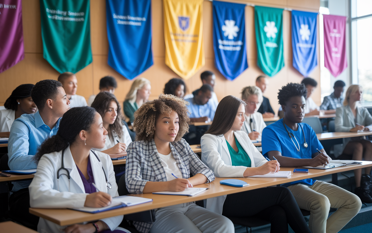 Inside a brightly lit lecture hall filled with students engaged in a professional development workshop. Diverse students sit attentively as a guest speaker, a well-regarded healthcare professional, shares insights. The walls are adorned with banners of various medical organizations. The scene radiates motivation and collaboration, showcasing students taking notes and discussing amongst themselves, embodying the spirit of networking and leadership in medical education.