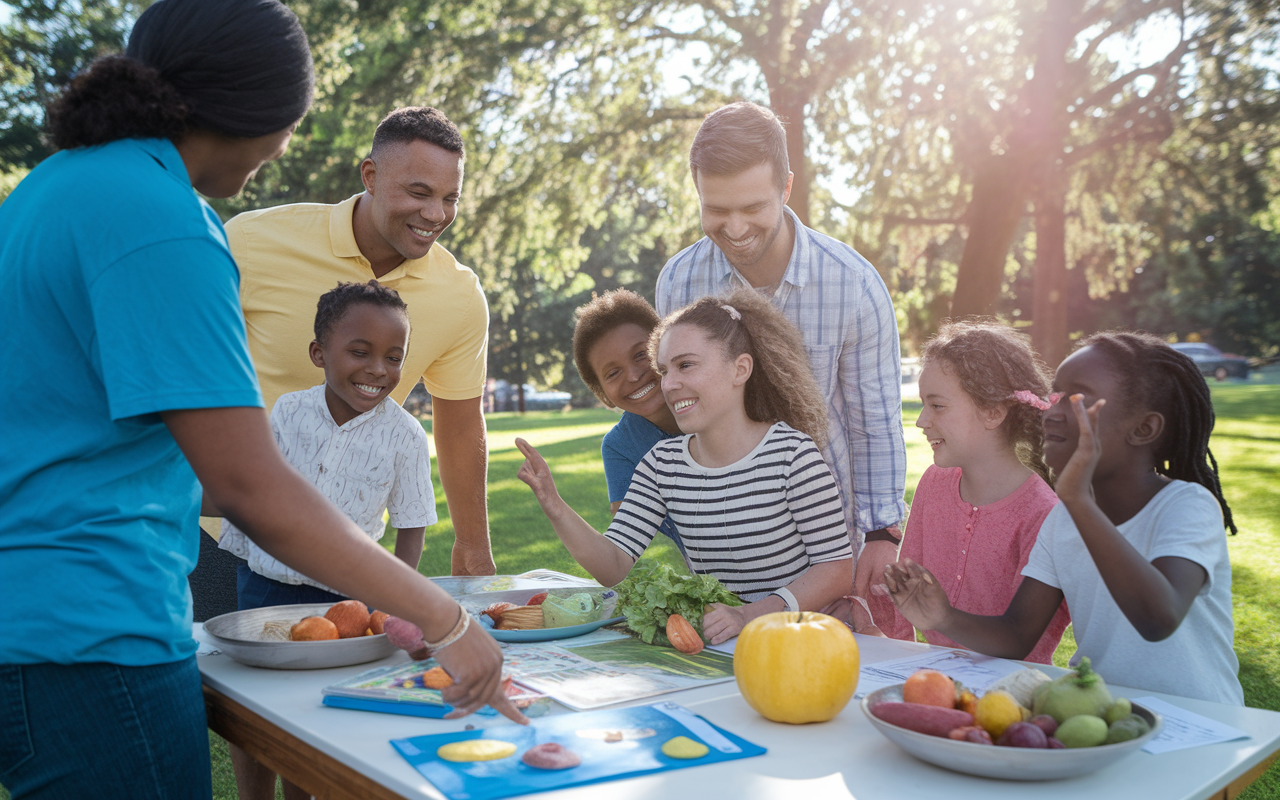 A community health awareness event in a local park with diverse families participating in health education activities. Volunteers from a student organization engage children and adults alike, showcasing interactive displays and educational materials on nutrition and wellness. The scene is vibrant, filled with sunlight and laughter, highlighting the impact of student-led community service on public health and relationships through education.