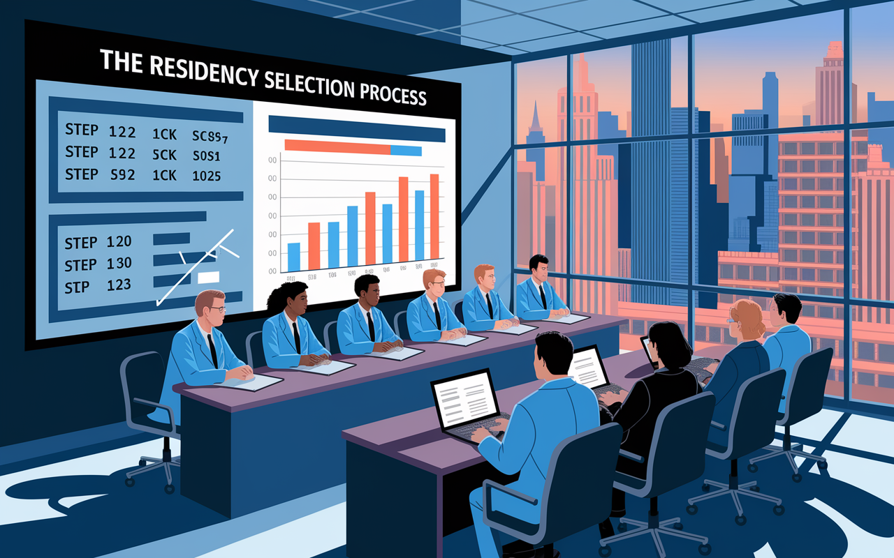 An illustration of the residency selection process, depicting a panel of diverse medical professionals reviewing applications on a large screen. Charts and graphs showing Step 2 CK scores versus Step 1 scores are visible. The room is modern with a large window displaying a bustling city outside. The atmosphere is serious yet collaborative, reflecting the critical decision-making process for medical student placements in competitive residency programs.