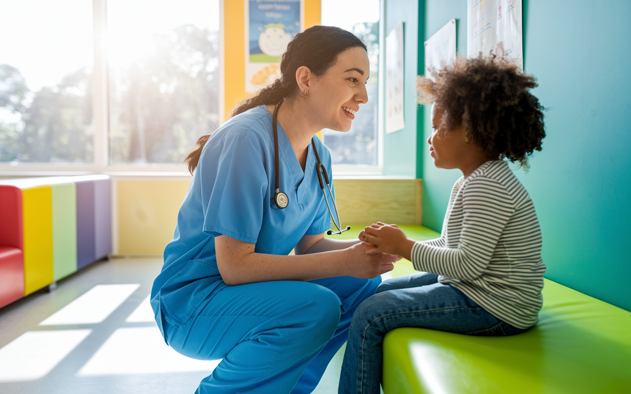 A medical student in scrubs actively interacting with a pediatric patient in a bright, cheerful clinic. The student is kneeling beside the child with a friendly demeanor, demonstrating compassion and clinical competence. Colorful walls with educational charts can be seen in the background, and the atmosphere is warm and inviting. Sunlight filters through the large windows, creating a hopeful environment for patient care.