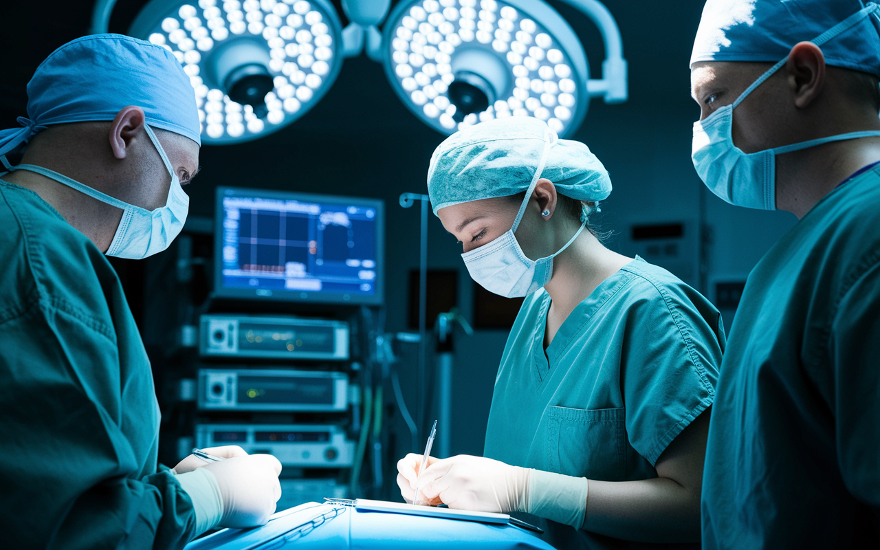 A focused medical student in a hospital setting, observing a surgical procedure alongside experienced surgeons. The student, wearing scrubs and a surgical cap, is attentively taking notes. Bright surgical lights illuminate the operating room, with medical instruments and monitors in the background. The atmosphere is professional and intense, showcasing the blend of education and clinical practice inherent in medical training.