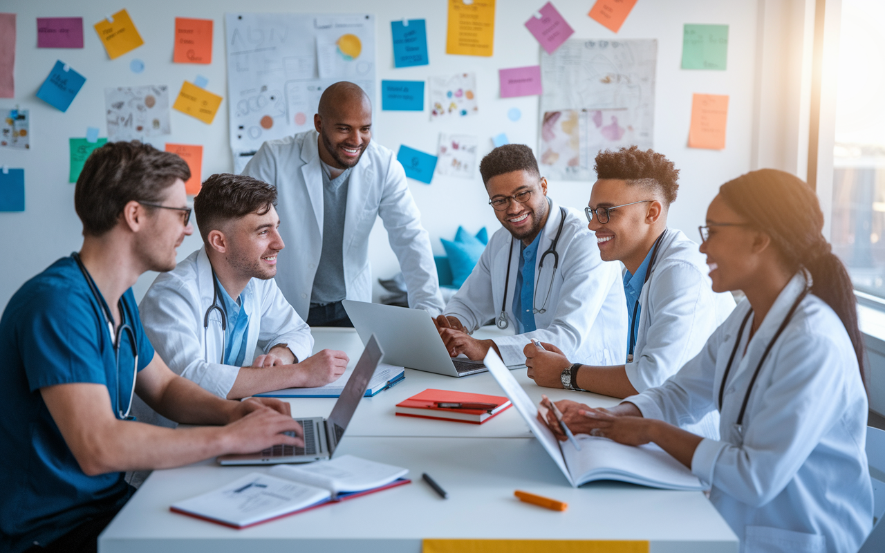 A diverse group of enthusiastic medical students in a collaborative study setting, engaging with each other over textbooks and laptops. Bright and modern study space with brainstorming materials on the walls, illustrating the dynamic environment of active learning. The lighting is vibrant and inspirational, capturing the energy and hope of future physicians preparing to take on the challenges of Step 2 CK.