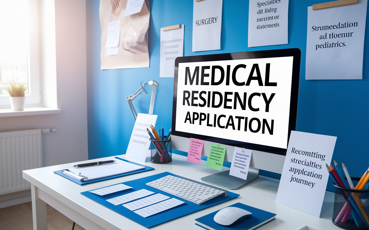 A visual representation of a medical residency application process. The scene features a streamlined application on a computer screen, highlighting score cards, recommendation letters, and personal statements. On the desk, there are motivational quotes and poster boards displaying different specialties like surgery and pediatrics. The room is brightly lit with a professional yet inviting atmosphere, signifying the importance of structure and organization in the application journey.