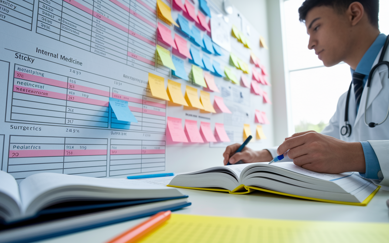 A close-up of a detailed study plan for Step 2 CK preparation, featuring a wall covered in color-coded schedules, charts, and sticky notes organized by subject (Internal Medicine, Surgery, Pediatrics). A medical student is seen actively engaging in studying with books open, highlighting sections and making notes. The environment is bright and scientifically organized, evoking a sense of focus and advanced study techniques.