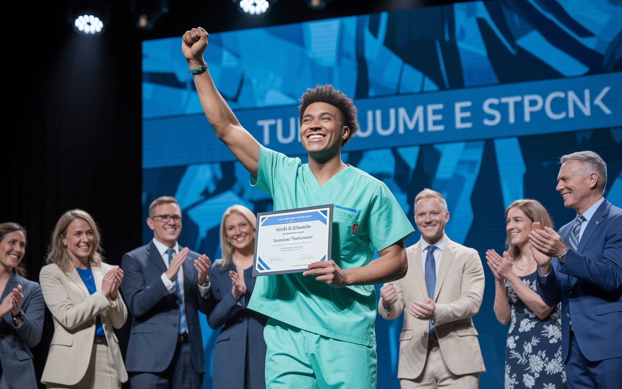 A triumphant medical student celebrating success after taking the USMLE Step 2 CK. John, a young man in a bright hospital scrubs, is on stage receiving an award for his high score while smiling and holding a certificate. The background displays fellow students, family, and faculty cheering. The atmosphere is filled with joy and accomplishment, capturing the essence of success in medical education and preparation.