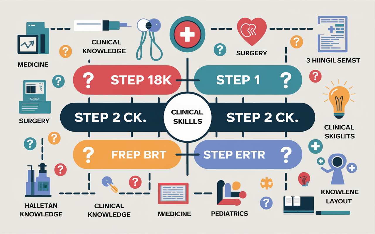 A detailed infographics-style illustration depicting the structure of the USMLE exams, highlighting Step 1 and Step 2 CK. The graphic features a flowchart with labeled sections for Clinical Knowledge and Clinical Skills, alongside icons representing Medicine, Surgery, Pediatrics, and more. Use colors to differentiate sections and graphical elements like question mark icons for questions and lightbulbs for knowledge insights, all presented in a clean, educational layout.