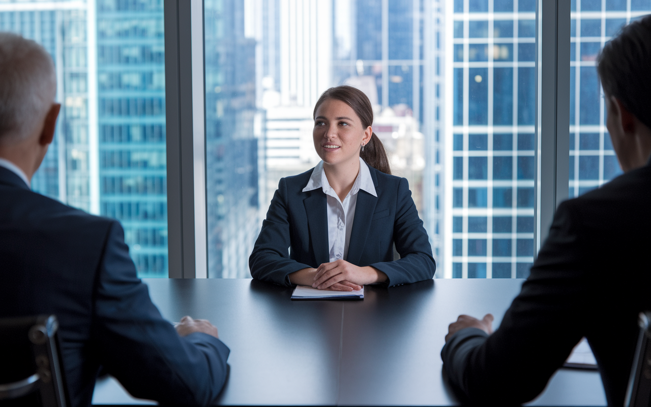 A medical student, Jane, sitting confidently in a formal interview setting with a panel of interviewers, creating a professional yet nerve-wracking vibe. Jane wears business attire, showcasing her preparation efforts, and is engaging with the interviewers, showcasing her knowledge and confidence. The background features a polished conference room with a large window showcasing a busy city view, conveying a sense of high stakes and career advancement.