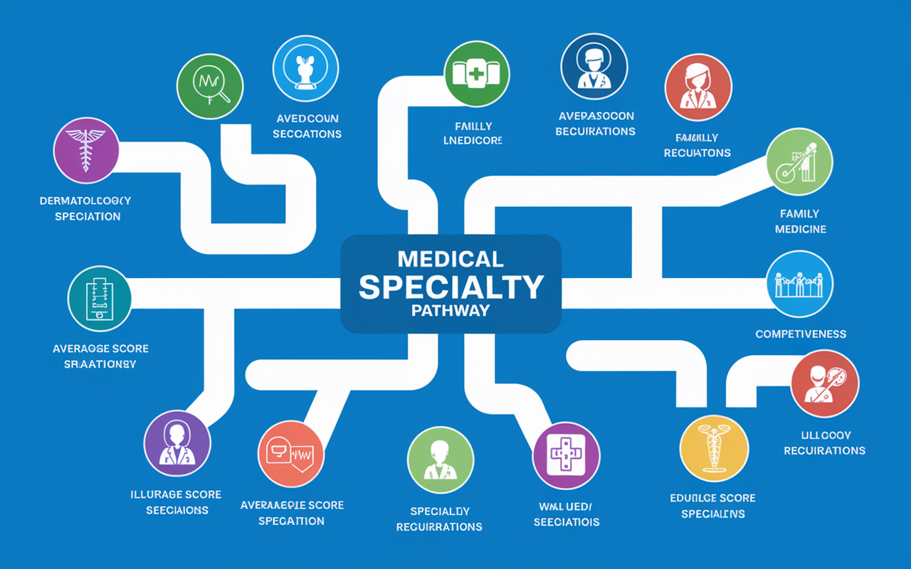 A vibrant medical specialty pathway graphic showcasing different specialty routes branching from a central path labeled 'Medicine'. The specialties like Dermatology, Surgery, and Family Medicine are visually connected with distinct illustrations representing each specialty. Use a colorful and educational design with icons for each specialty, highlighting their respective average score requirements and competitiveness.